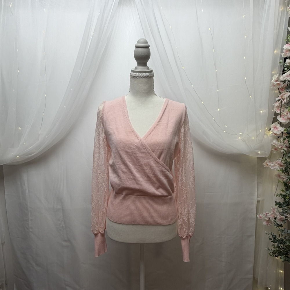 Madden Girl Juniors' Surplice-Neck Lace-Sleeve Sweater Pink Size Medium